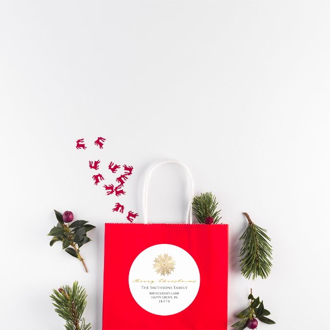 Adesivo Redondo Feliz Natal Do Nome Whit Dourado RSVP Snowflake (Merry Christmas From Name Whit Gold RSVP Snowflake Classic Round Sticker)