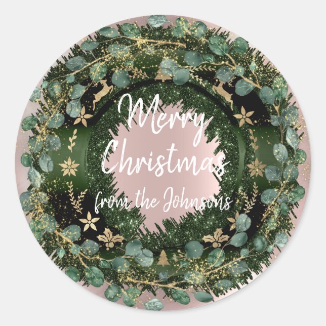Adesivo Redondo Feliz Natal Do Nome Winter Rose Gold Wreath (Frente)