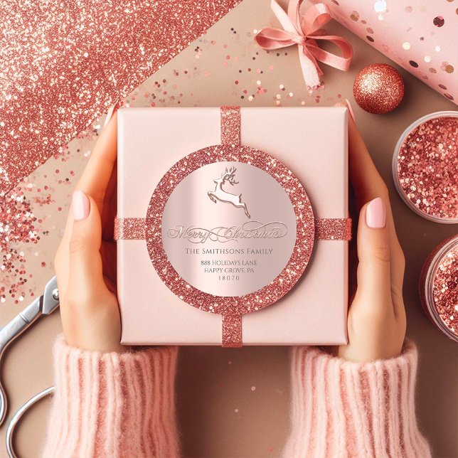 Adesivo Redondo Feliz Natal Do RSVP Rosa Deer Pink (Merry Christmas From RSVP Rose Deer Pink Classic Round Sticker)