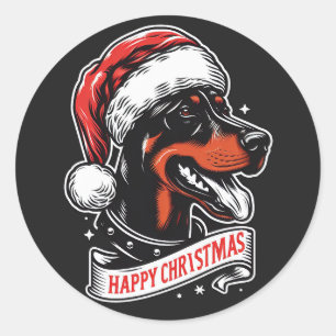 Adesivo Redondo Feliz Natal - Dobermann Santa Hat Cachorro Engraça