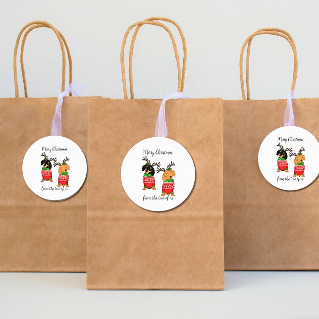 Adesivo Redondo Feliz Natal Dois Dachshances Desenterrados (Cute Dog Dachshund Xmas Stickers)
