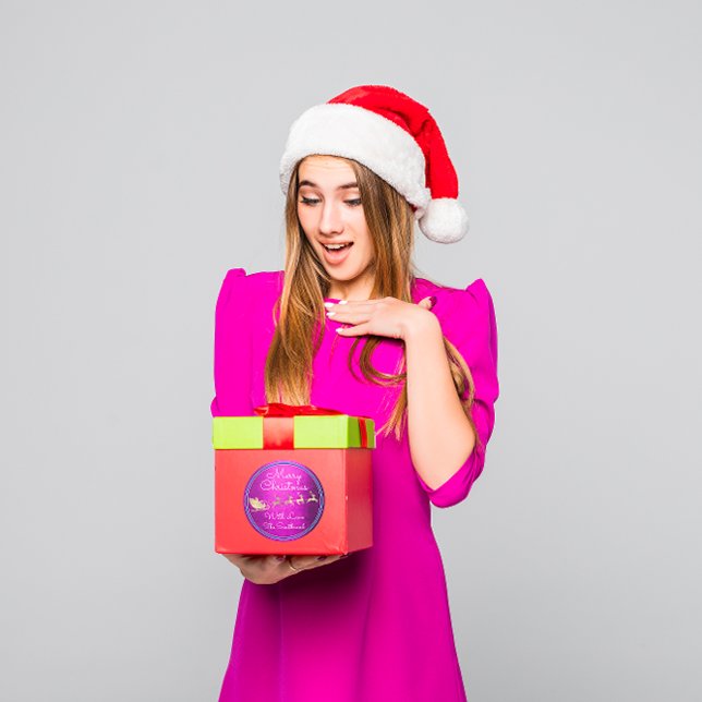 Adesivo Redondo Feliz Natal Dos Papais noeis Reindeer Rosa (Merry Christmas From Santa Reindeer Sleight Pink Classic Round Sticker)