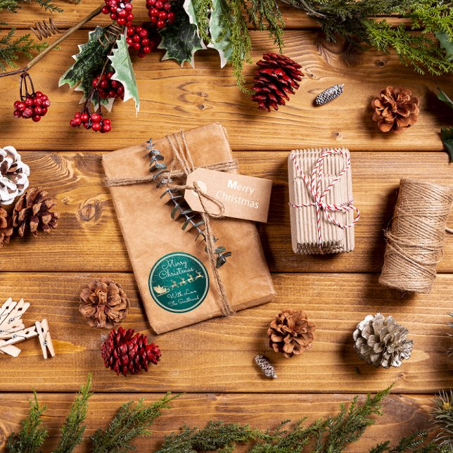 Adesivo Redondo Feliz Natal Dos Papais noeis Reindeer Verde (Merry Christmas From Santa Reindeer Sleight Green Classic Round Sticker)