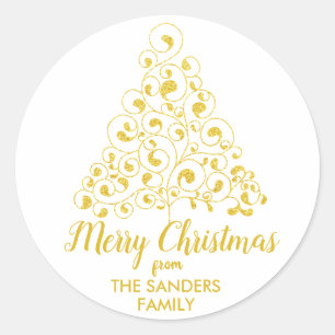Adesivo Redondo Feliz Natal Dourado, Árvore de Natal Glitter