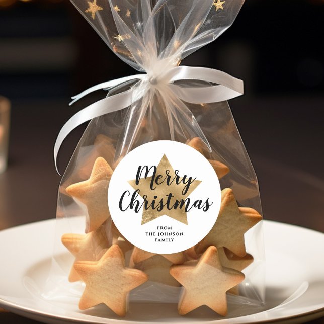 Adesivo Redondo Feliz Natal Dourado das Estrelas Brancas Elegantes (Elegant White Faux Gold Star Merry Christmas Classic Round Sticker)