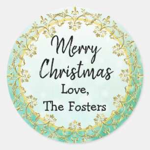 Adesivo Redondo Feliz Natal Dourado e Personalização Verde