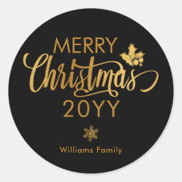 Adesivo Redondo Feliz Natal Dourado e Preto Personalizado Feriado 