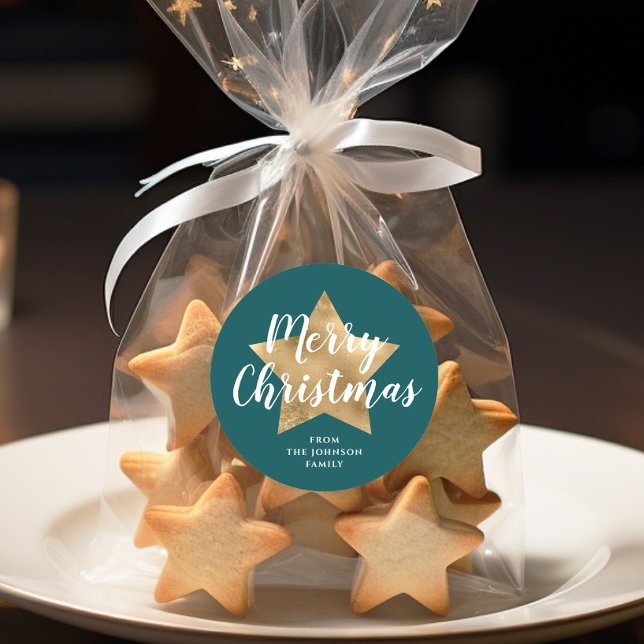 Adesivo Redondo Feliz Natal Dourado Estrela Verde (Merry Christmas Gold Star Green Classic Round Sticker)