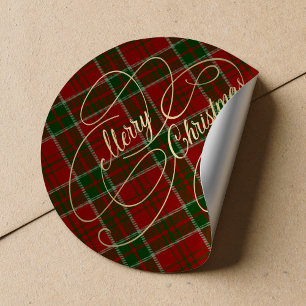 Adesivo Redondo Feliz Natal dourado script xadrez tartan vermelho