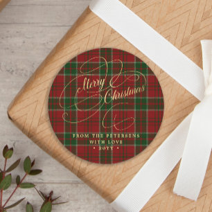 Adesivo Redondo Feliz Natal dourado script xadrez tartan vermelho