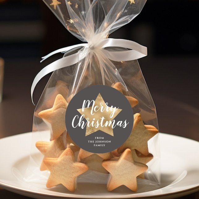 Adesivo Redondo Feliz Natal Dourado Star Brown (Merry Christmas Gold Star Brown Classic Round Sticker)