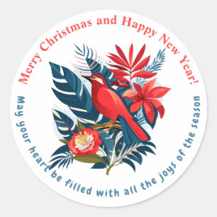 Adesivo Redondo Feliz Natal e Feliz Ano Novo! 20XX Pássaro Vermelh