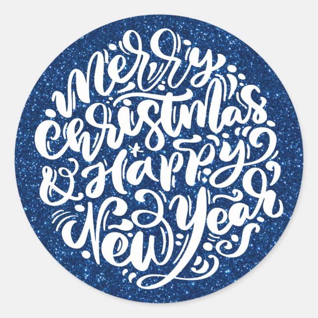 Adesivo Redondo Feliz Natal e Feliz ano novo Azul Brilhante (Frente)