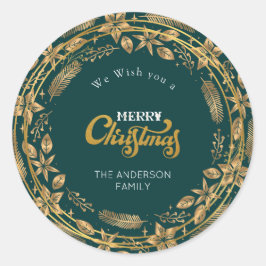 Adesivo Redondo Feliz Natal Elegante, Arco Dourado Verde