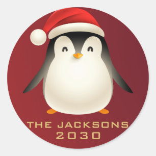 Adesivo Redondo Feliz Natal Elegante, Cute Penguin Vermelho Branco