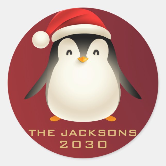 Adesivo Redondo Feliz Natal Elegante, Cute Penguin Vermelho Branco (Frente)