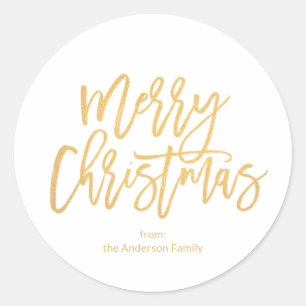 Adesivo Redondo Feliz Natal em Letra Simples Dourada e Branca