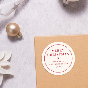 Adesivo Redondo Feliz Natal em Tipografia Bege e Vermelho Elegante