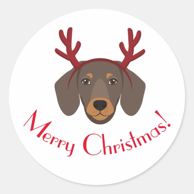 Adesivo Redondo Feliz Natal Engraçado Dachshund Reindeer Sticker (Frente)
