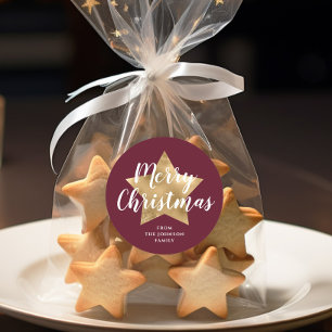 Adesivo Redondo Feliz Natal Estrela Dourada Burgundy Elegante