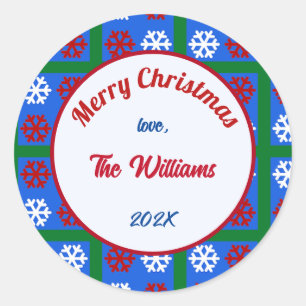 Adesivo Redondo Feliz Natal Família Americana Flocos de Neve