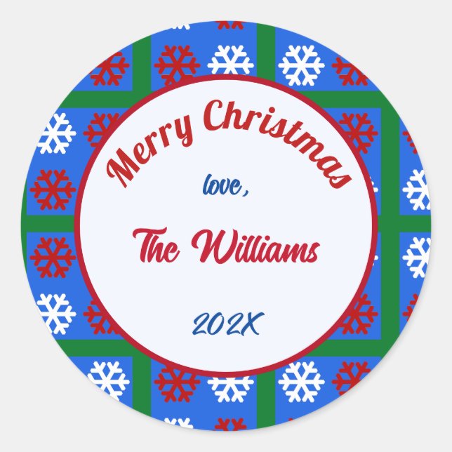 Adesivo Redondo Feliz Natal Família Americana Flocos de Neve (Frente)