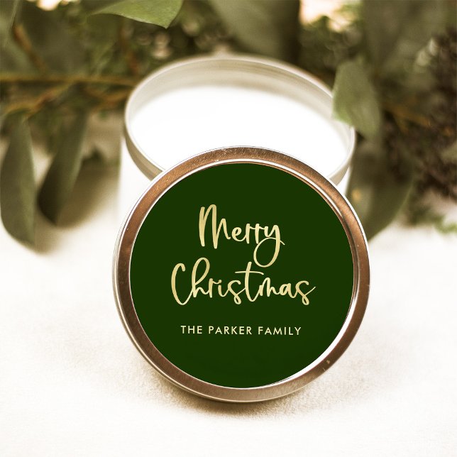 Adesivo Redondo Feliz Natal | Faux Dourado no Green Casual Script (Elegant green Christmas stickers with faux gold script)