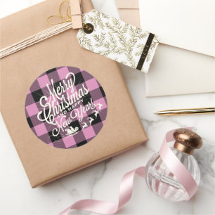 Adesivo Redondo Feliz Natal Feliz Ano Novo Fuchsia Xadrez Preto