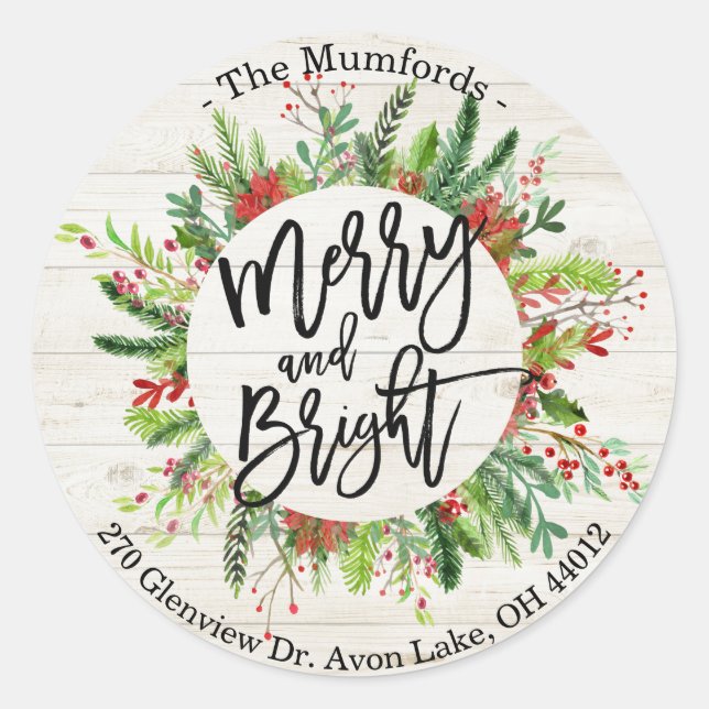 Adesivo Redondo Feliz Natal Feliz Feriado Holly Wreath (Frente)