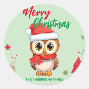 Adesivo Redondo Feliz Natal Feliz, Papais noeis de Bebê Coruja Sca