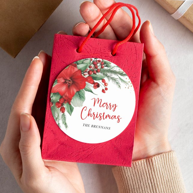 Adesivo Redondo Feliz Natal Feriado Botânico Vermelho (Merry Christmas Botanical Red Holiday Classic Round Sticker)