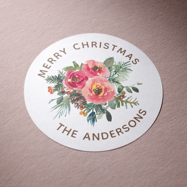 Adesivo Redondo Feliz Natal | Férias de Inverno Florais em Aquarel (Criador carregado)