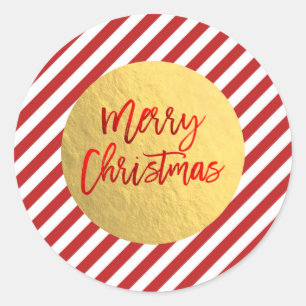 Adesivo Redondo Feliz Natal Férias Listras Vermelhas Folha de Ouro