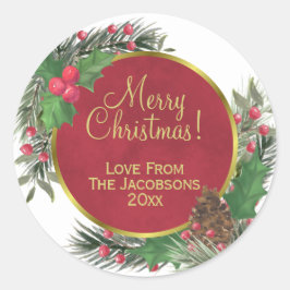Adesivo Redondo Feliz Natal! Festivo Holly & Pine Holiday