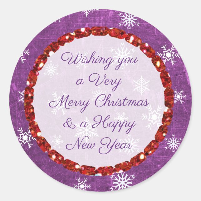 Adesivo Redondo Feliz Natal Floco de Neve Roxo e Pentes Vermelhos (Frente)