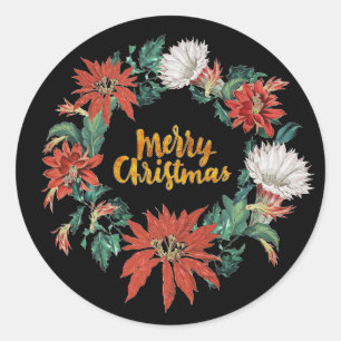 Adesivo Redondo Feliz Natal Floral Poinsettia Wreath em Preto