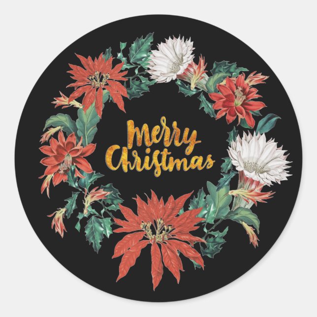 Adesivo Redondo Feliz Natal Floral Poinsettia Wreath em Preto (Frente)