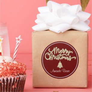 Adesivo Redondo Feliz Natal Frame Árvore Nome Dourado Burgundy