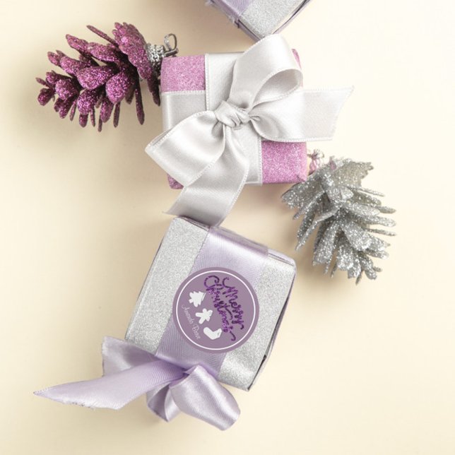 Adesivo Redondo Feliz Natal Frame Árvore Nome Dourado Enfumaçado R (Merry Christmas Framed Tree Name Gold Smoky Purple Classic Round Sticker)