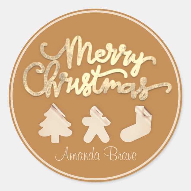 Adesivo Redondo Feliz Natal Frame Tree Name Dourado Honey Rosa (Frente)