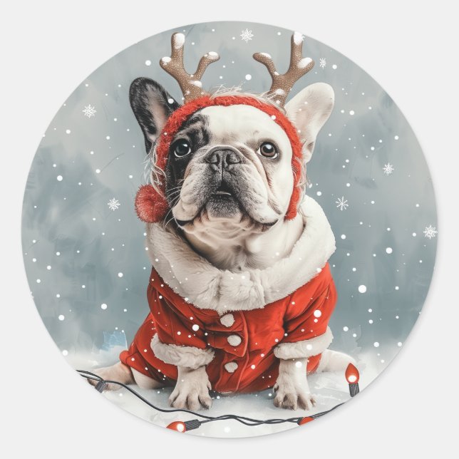 Adesivo Redondo Feliz Natal Francês Bulldog Reindeer Dog (Frente)