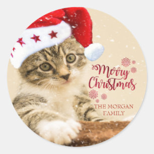 Adesivo Redondo Feliz Natal,Gato Com Chapéu De Papai Noel