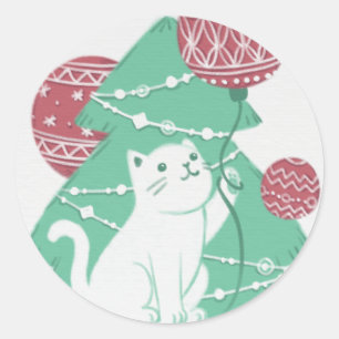 Adesivo Redondo Feliz Natal: Gato e Ornamentos