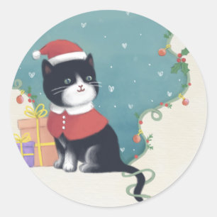 Adesivo Redondo Feliz Natal: Gato Ilustra Arte