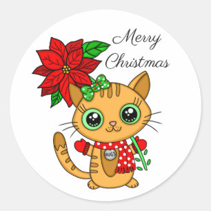Adesivo Redondo Feliz Natal Gato Laranja com Poinsettia