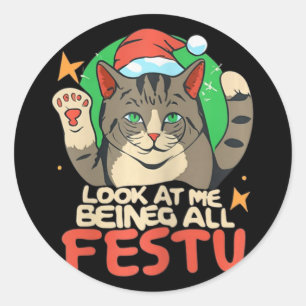 Adesivo Redondo Feliz Natal Gato Olhe Para Mim Sendo Festivo