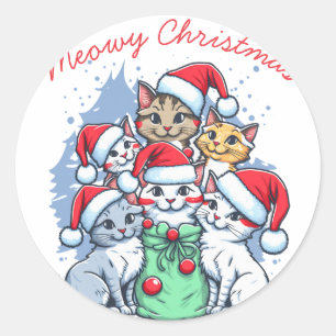 Adesivo Redondo Feliz Natal Gatos, Natal Felino, Presente Divertid