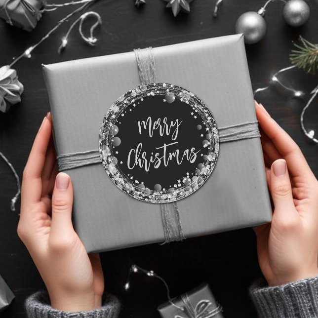 Adesivo Redondo Feliz Natal Gelando Estrelas de Prata (Silver Stars Merry Christmas Classic Round Stickers)
