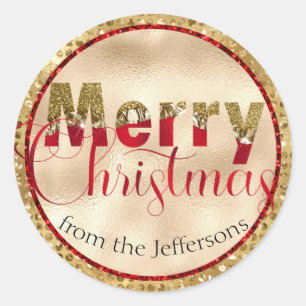 Adesivo Redondo Feliz Natal Glamoroso Vermelho e Dourado