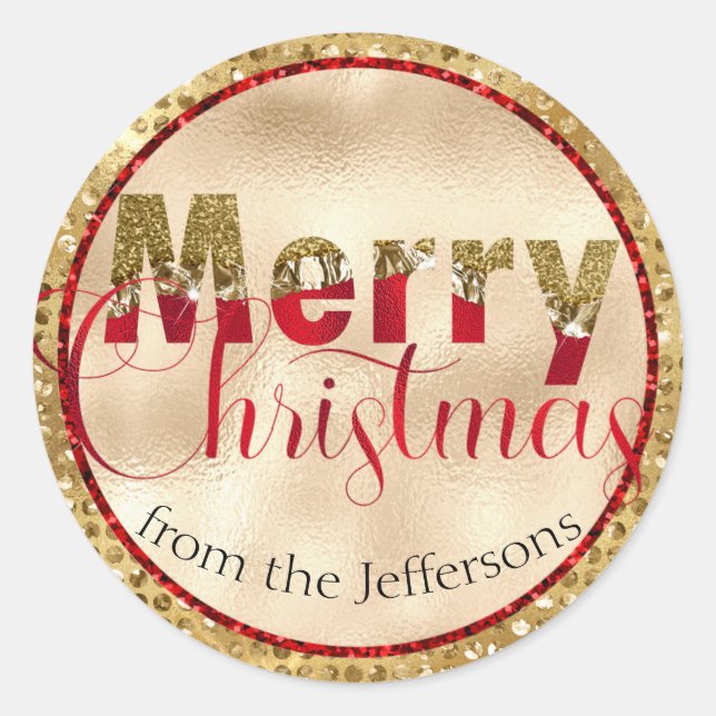 Adesivo Redondo Feliz Natal Glamoroso Vermelho e Dourado (Frente)